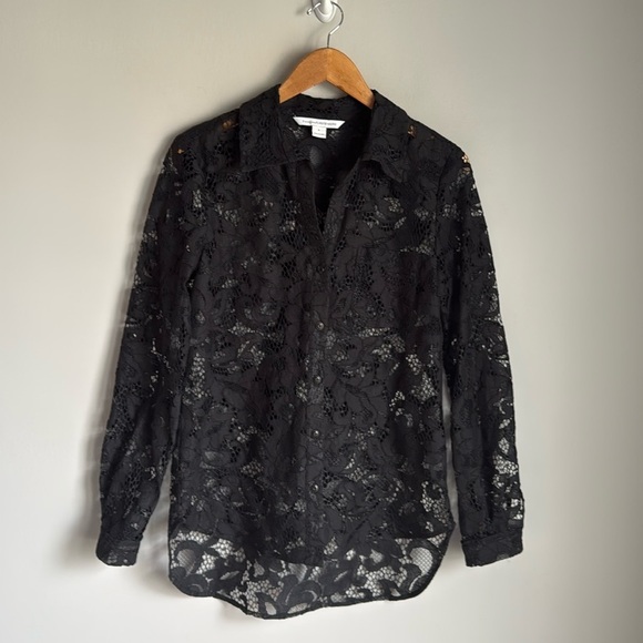 Diane Von Furstenberg Lorelei Two Bloom Black Jacquard Lace Button down 6 - Picture 2 of 10